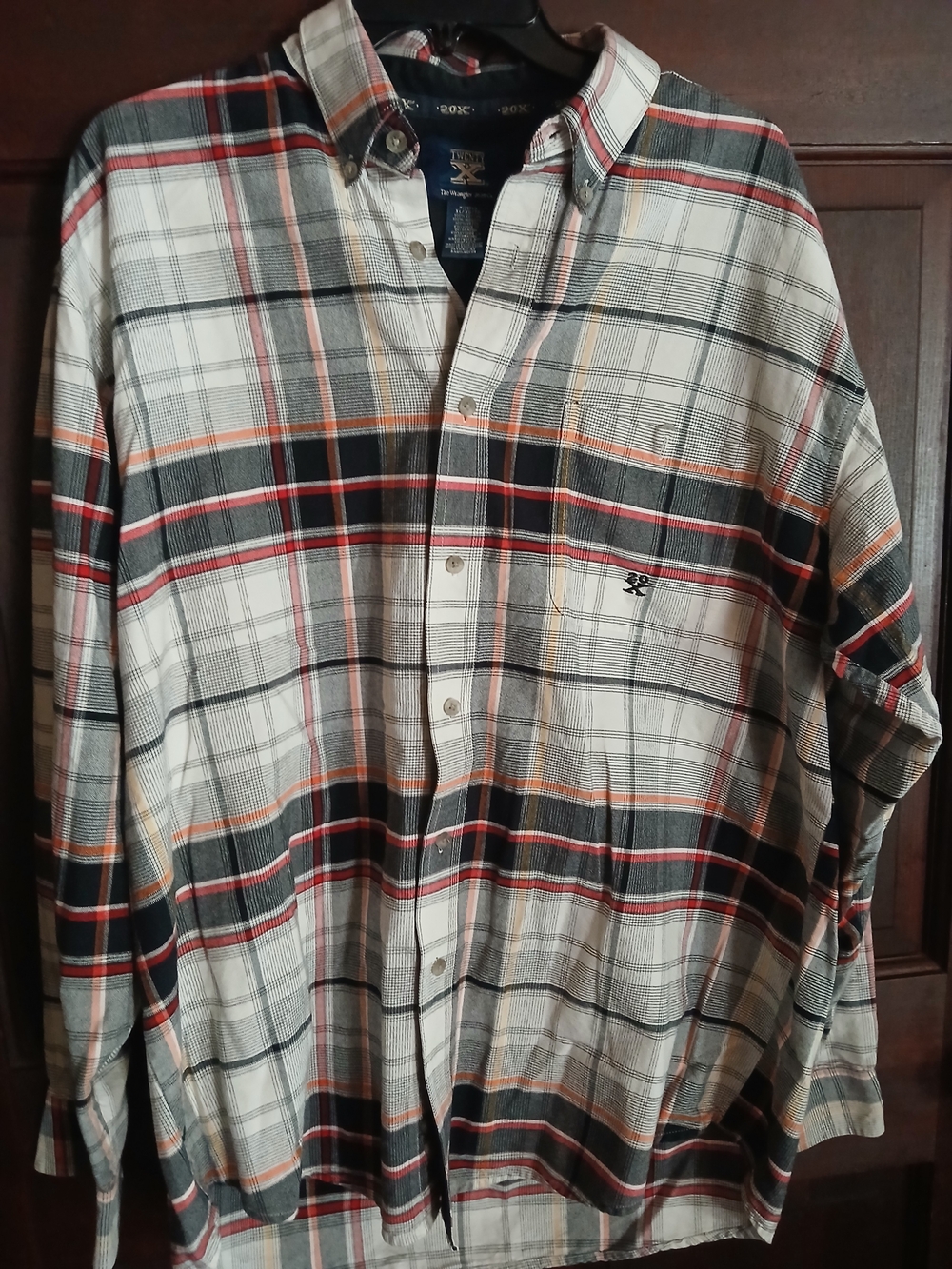 Men's Wrangler Plaid Button-Down Shirt in White and Black with Orange Size XL
